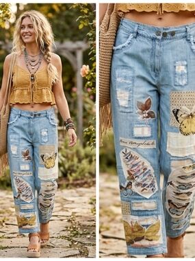 Women's Light Blue Patchwork Distressed Jeans